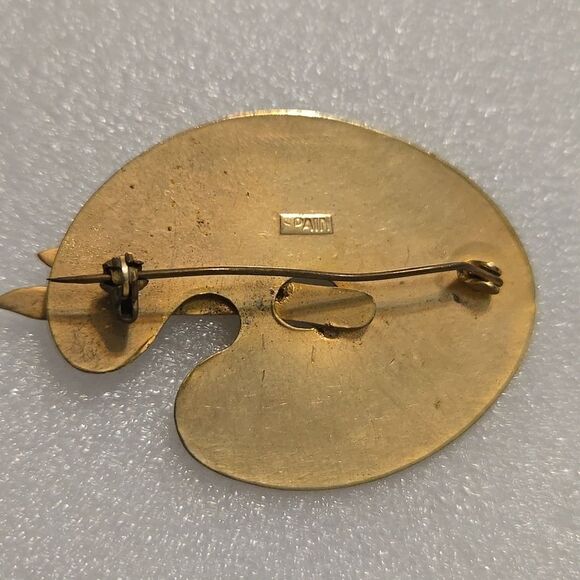 Damascene Pin Brooch Artist Palette Paint Brushes Vintage Enamel Spain - Picture 4 of 11